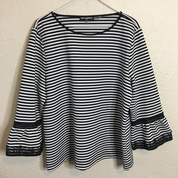 Karl Lagerfeld Tops - Karl Lagerfield Striped Bell Sleeve Lace Shirt